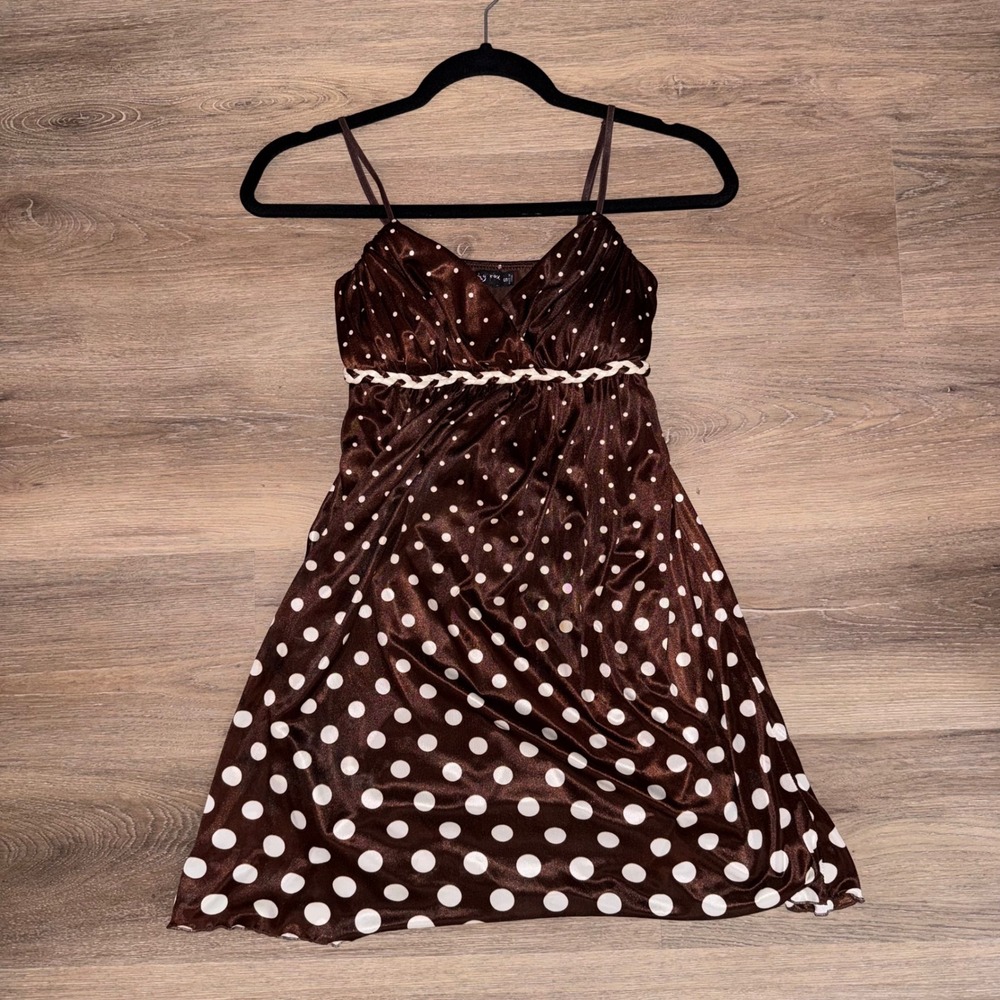 Ruby Rox Babydoll Mini Dress Brown Polka Dot Satin Tie Back Size S Vintage Y2K